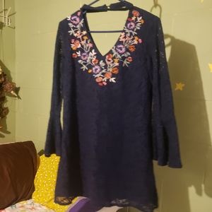 Navy blue dress with flower embroidery